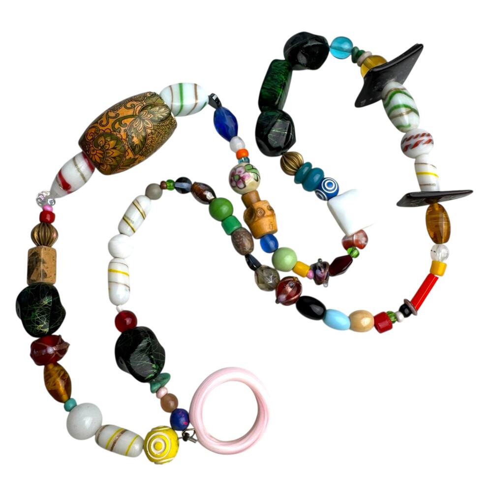 Eclectic Artisan Beaded Necklace Mixed Media Glass Wood Ceramic Funky Boho